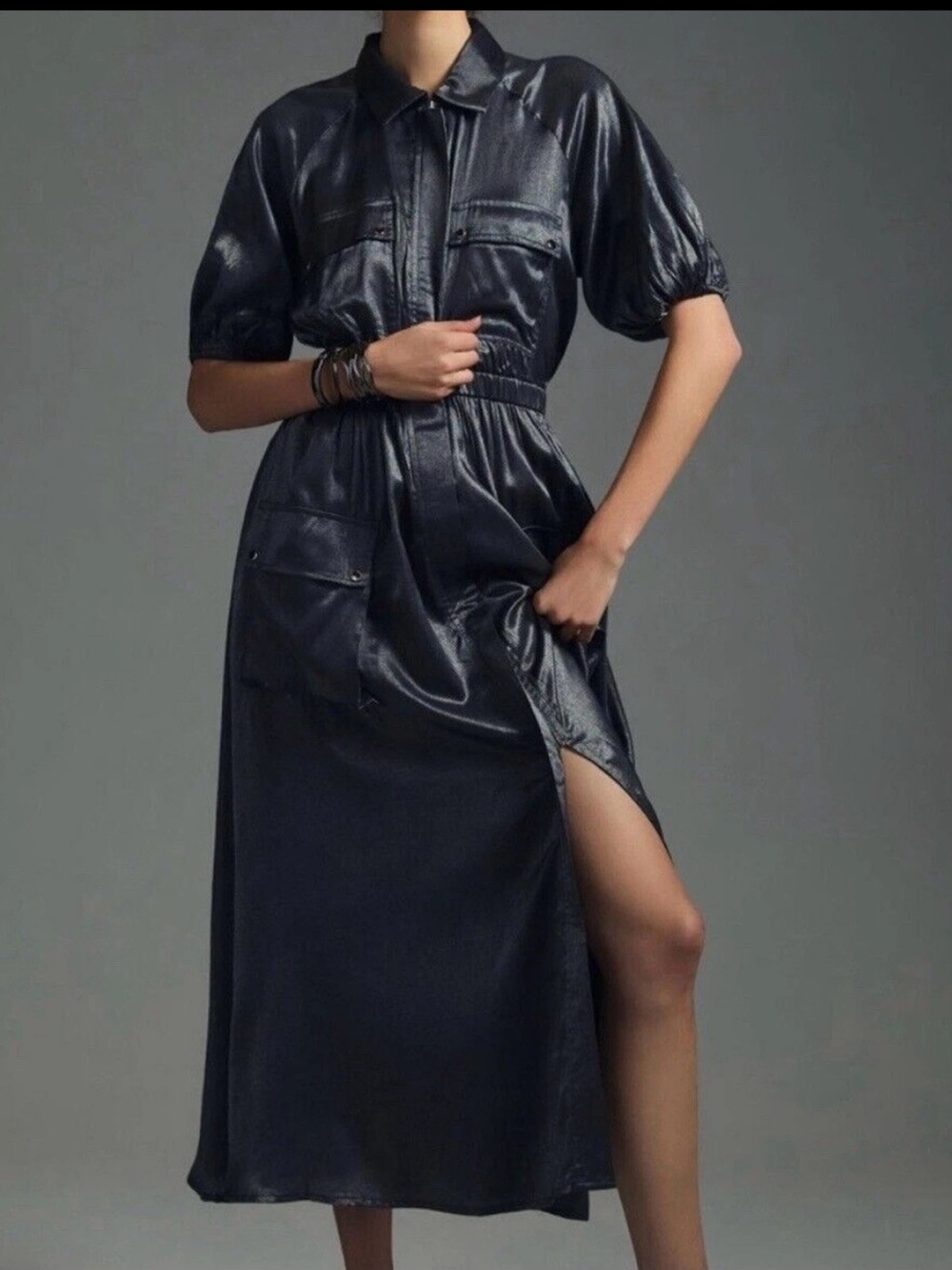 Anthropologie Samant Chauhan Utility Shirt Dress Metallic Slate Maxi Pocket Sz S